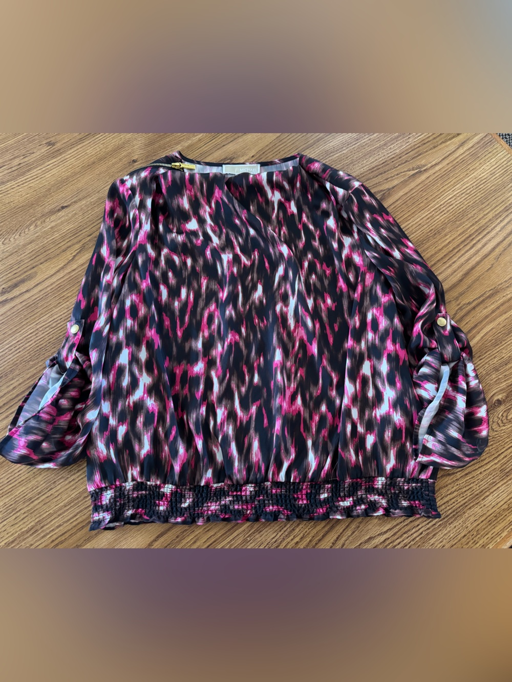 Michael Kors pink and black abstract print blouse featuring a gold-tone zipper